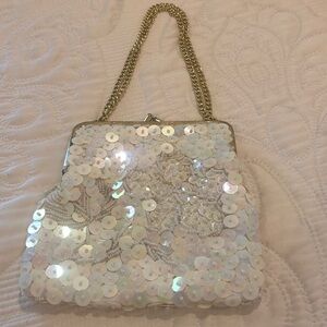 Iridescent White Sequin Evening Bag with Gold Chain